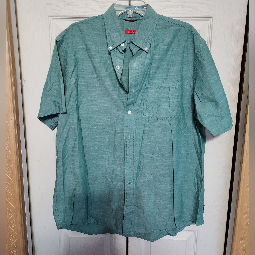 Izod Men's Teal Casual Button Down Shirt - Picture 2 of 9